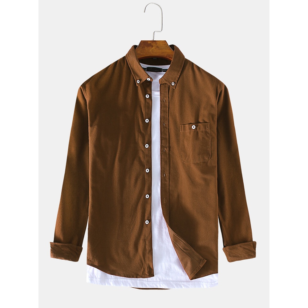 Men Thin Corduroy Button Decoration Vintage Shirts - S White