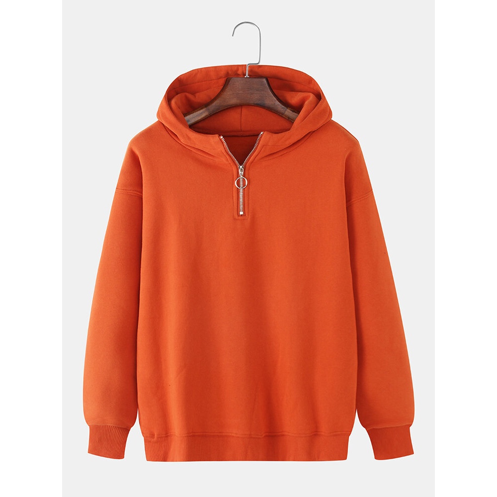 Mens Cotton Solid Color Half Zipper Simple Drop Shoulder Hoodies - Black M