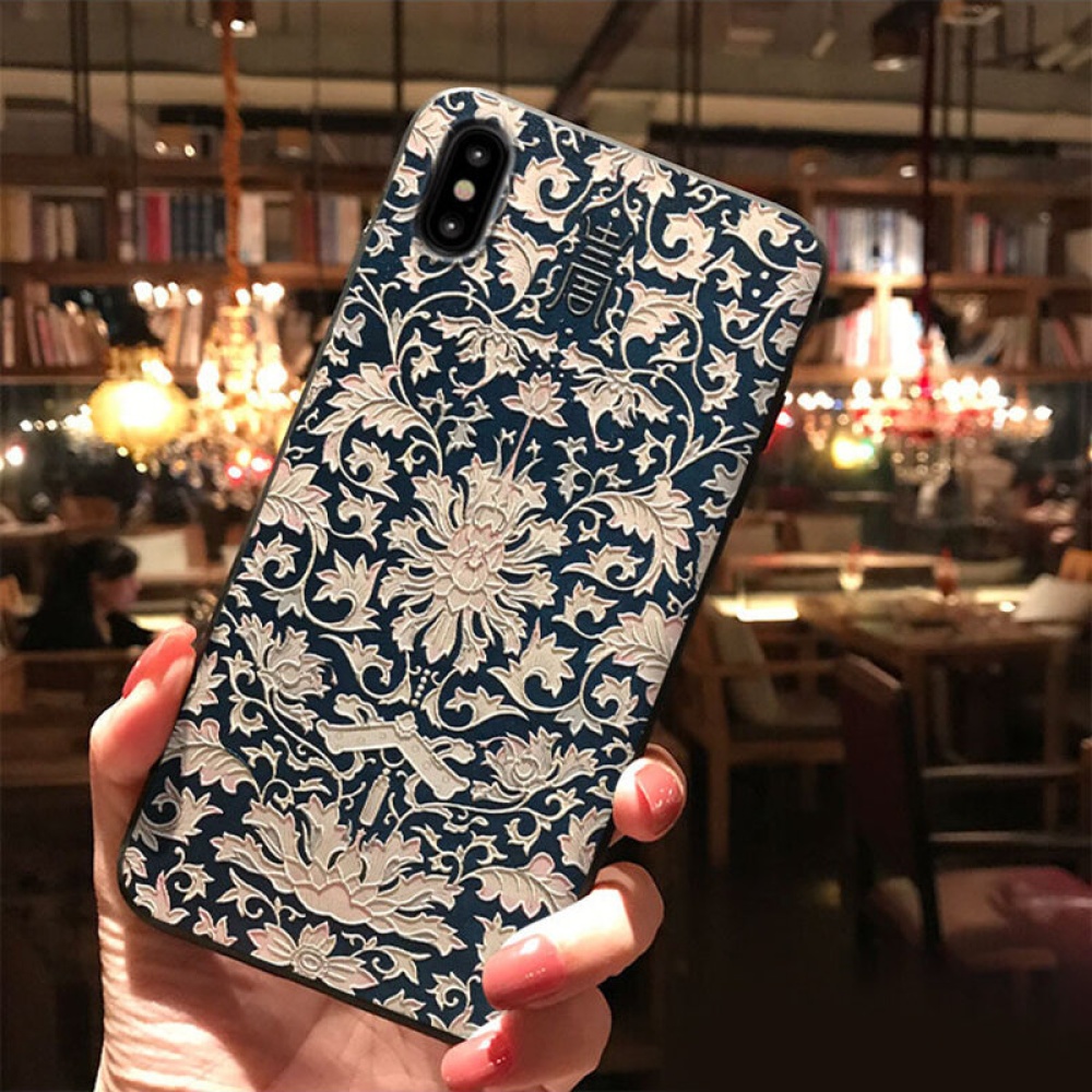 MEKS Chinoiserie Claborate-style Painting Flower Wave Pattern 3D Embossed Anti-slip Anti-fingerprint Shockproof TPU Protective Case for iPhone X / XS - Image 2