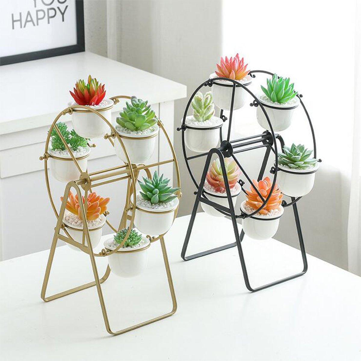 Ceramic Succulent Plant Pot Bonsai Holder Rack Home Tabletop Decor W/ Iron Stand - Black - Image 2