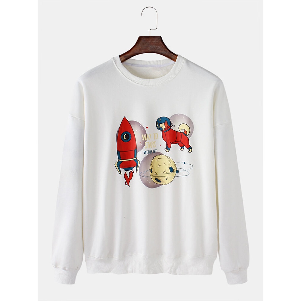 Mens Cartoon Dog & Rocket Print Round Neck Pullover Long Sleeve Cute Sweatshirts - White 2XL