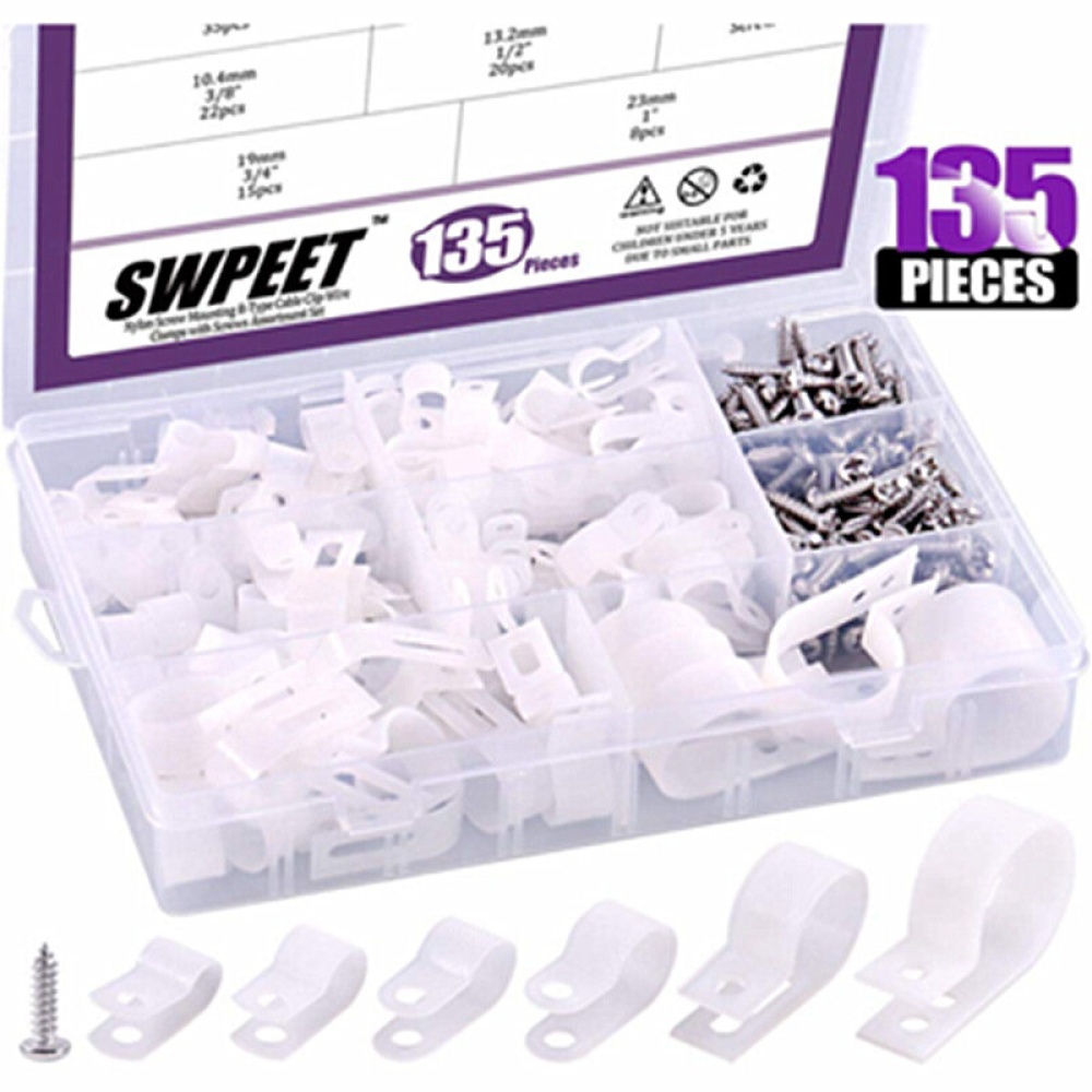 Suleve 135Pcs Cable Clamp Black/White Nylon Plastic R-Type Cable Clamps Screws Assortment Kit - White - Image 2