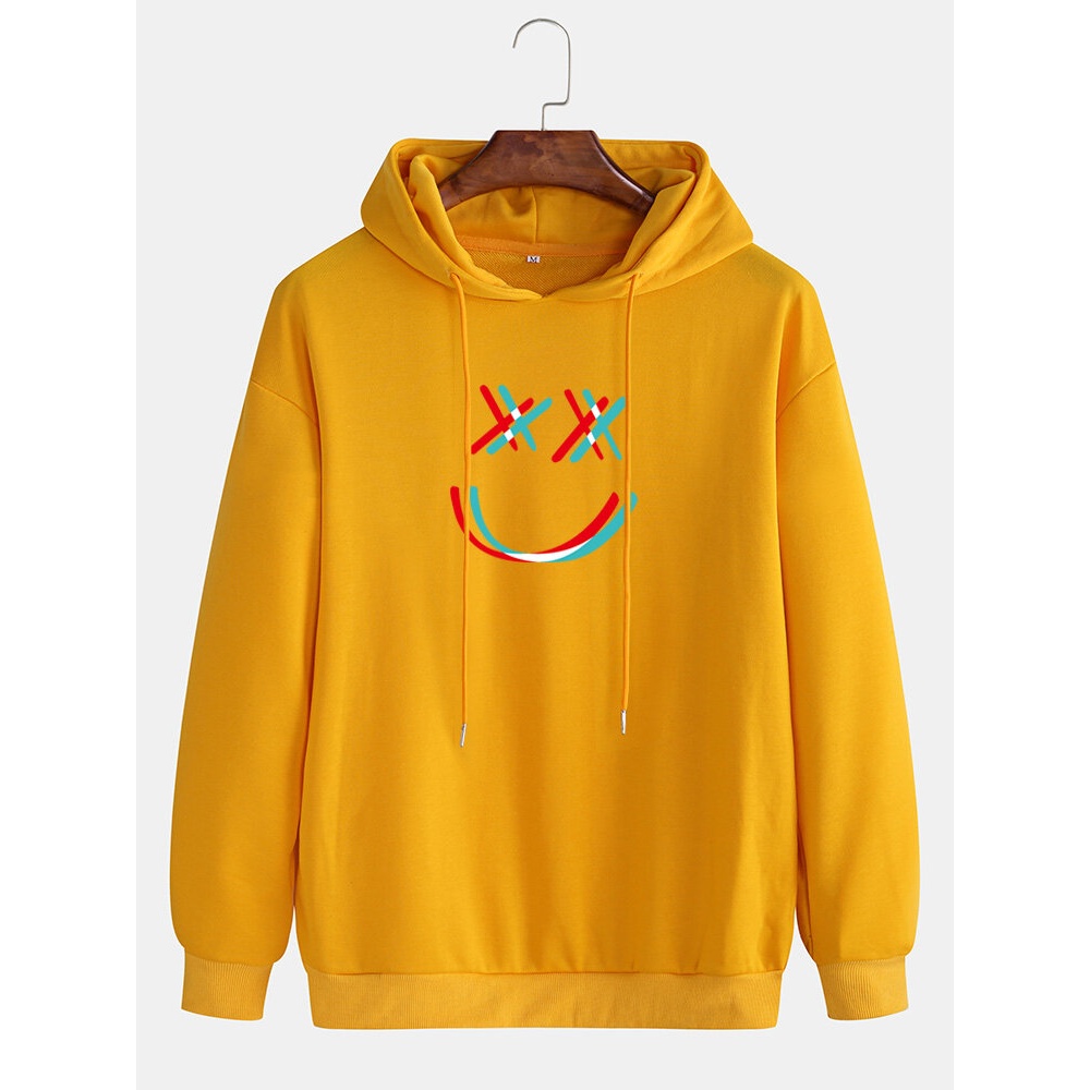 Mens Bright Smile Face Print Drop Shoulder Drawstring Overhead Hoodies - Yellow M