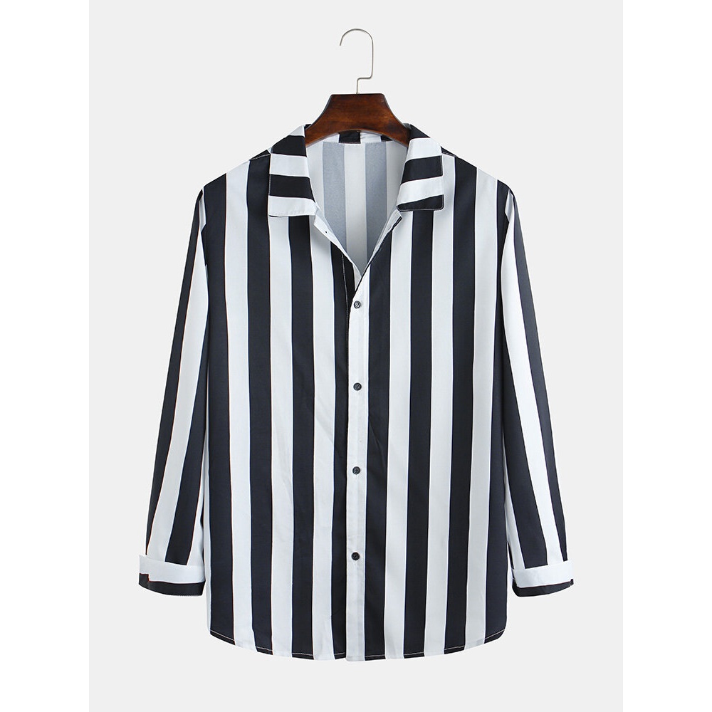 Mens Fashion Black White Stripe Long Sleeve Autumn Shirts - L Black White