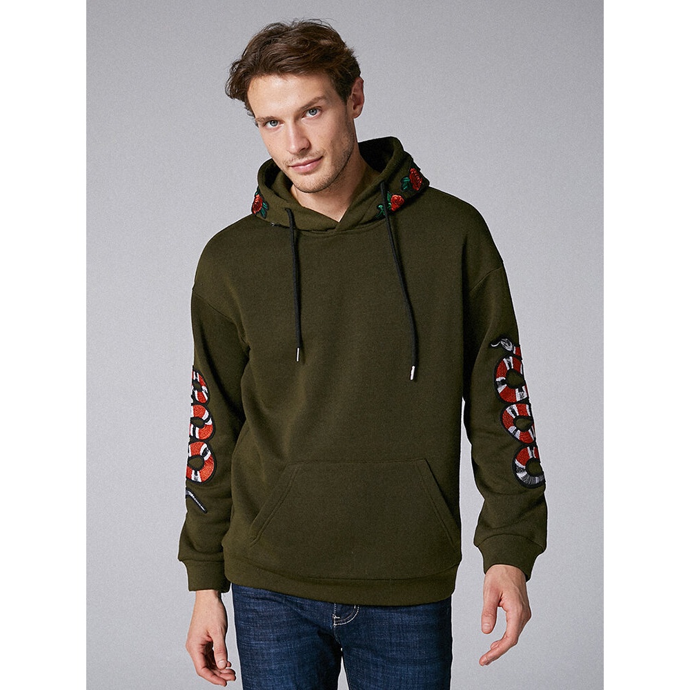 Mens Embroidery Snake Printed Insert Pocket Long Sleeve Hood - M Army Green