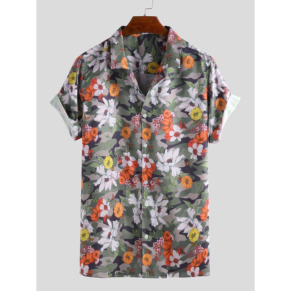 Men Floral Print Short Sleeve Relaxed Hawaiian Shirts - 2XL Green