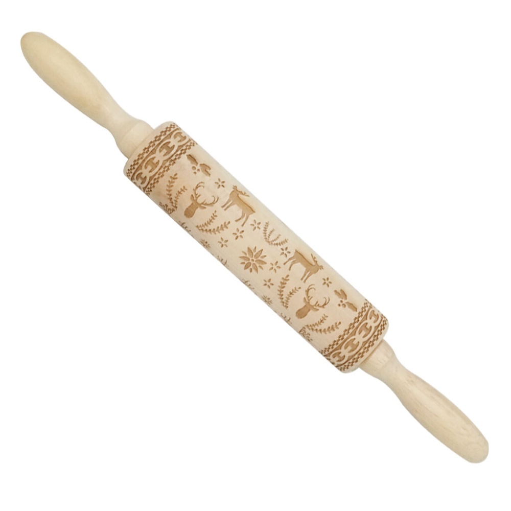 JM01688 Wooden  Embossed Rolling Pin Dough Stick Baking Pastry Tool New Year  Decoration