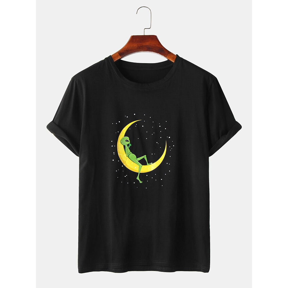 Mens Alien & Moon Print Short Sleeve Design Cotton T-Shirts - Black L