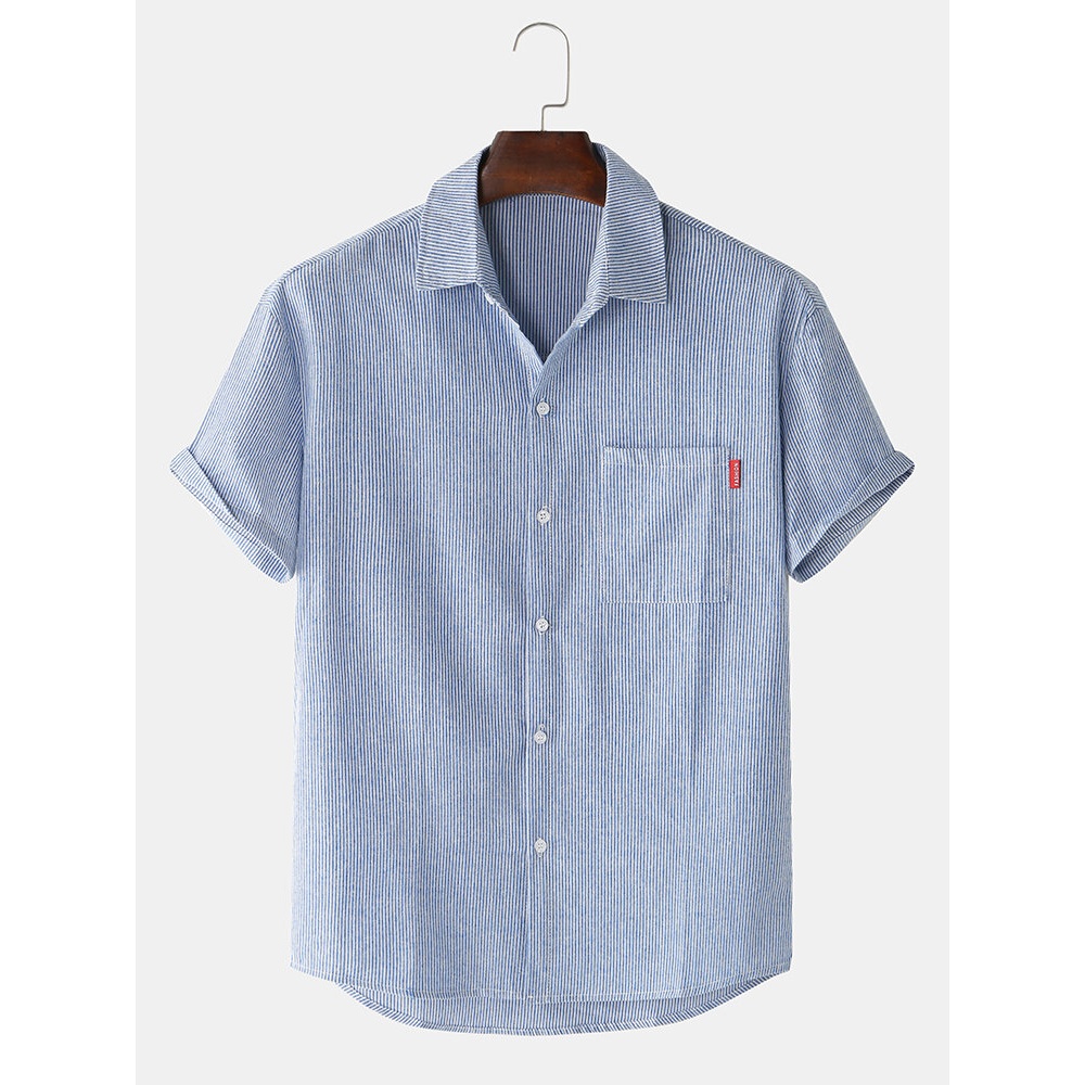 Mens Cotton Dense stripes Turn Down Collar Short Sleeve Shirts - Black 2XL