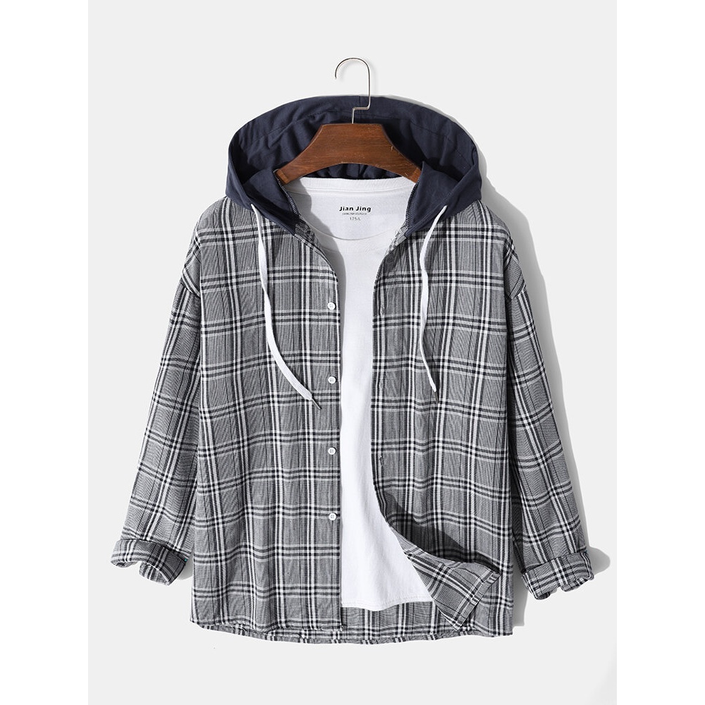 Mens Plaid Casual Preppy Contrast Color Button Shirt with Hooded - Dark Grey M