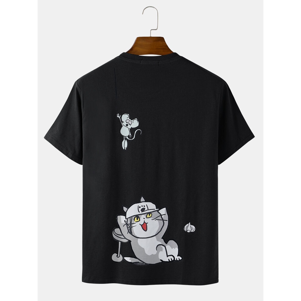 Cotton Mens Cute Cartoon Cat & Mouse Back Printing Casual Short Sleeve T-Shirts - Black M