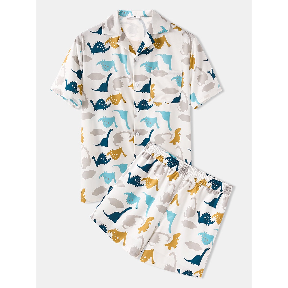Mens Cute Dinosaur Print Elastic Waist Cartoon Cofy Pajama Set - White M