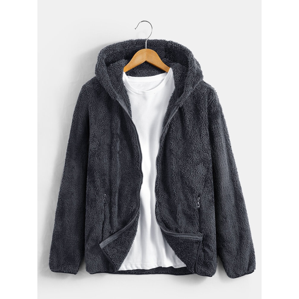 Mens Solid Color Fleece Long Sleeve Pocket Zipper Hoodies Overwear - Grey XL