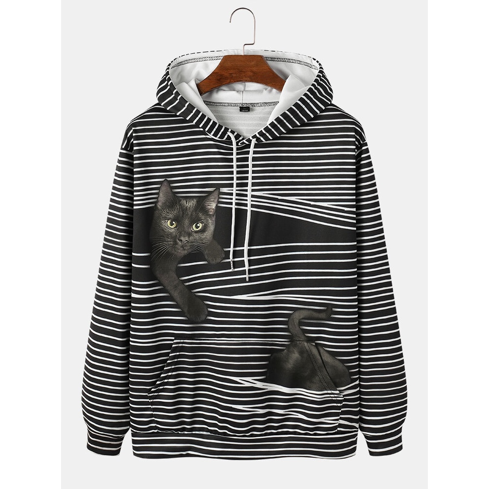 Mens Stripe Black Cat Print Long Sleeve Hoodies With Pocket - Black XL