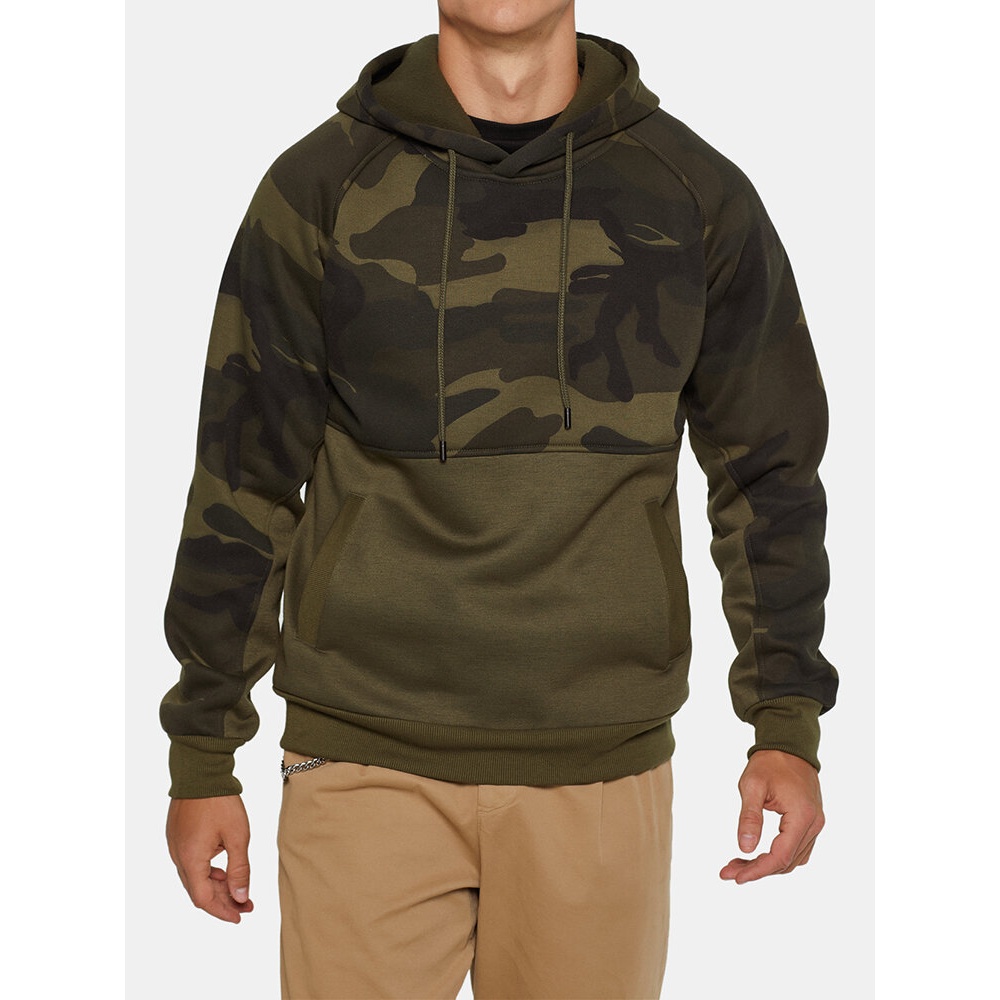 Mens Fashion Hooded Patchwork Long Sleeve Casual Sweatshirt - M Khaki