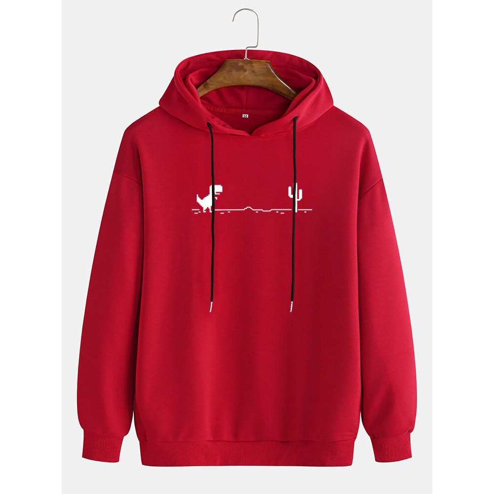 Mens Cartoon Dinosaur Cactus Print Casual Drawstring Hoodie - Black M