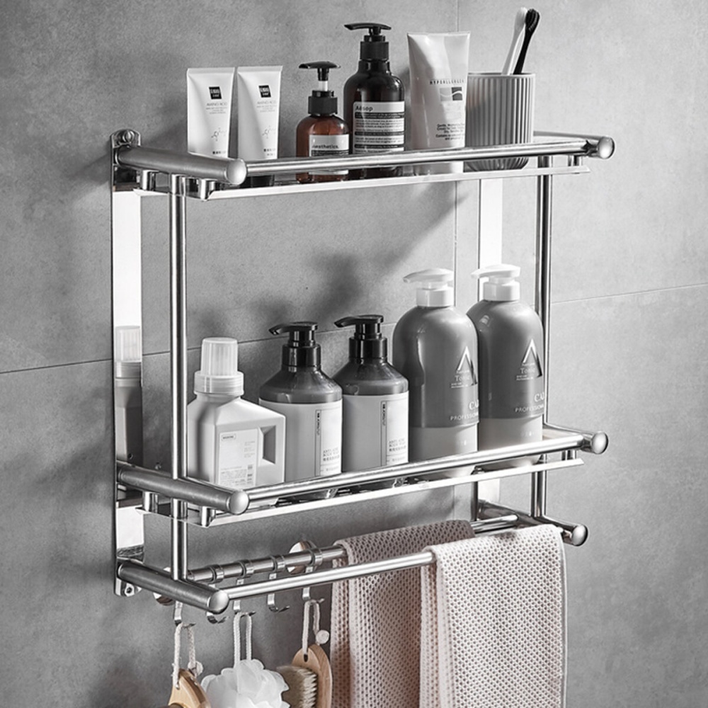 Towel Rail Holder Double Chrome Wall Mounted Stainless Steel Bathroom Rack Shelf - 1 Layer - Image 2