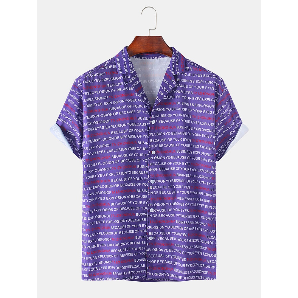 Mens Funny Character Allover Printed Revere Collar Short Sleeve Casual Shirts - Purple M