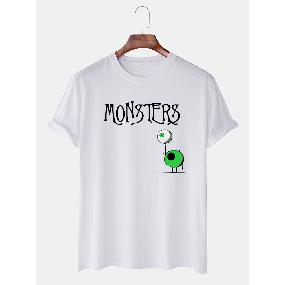 Mens Funny Cartoon Big-Eyed Printed Round Neck Loose Short Sleeve T-Shirts - Light Blue S