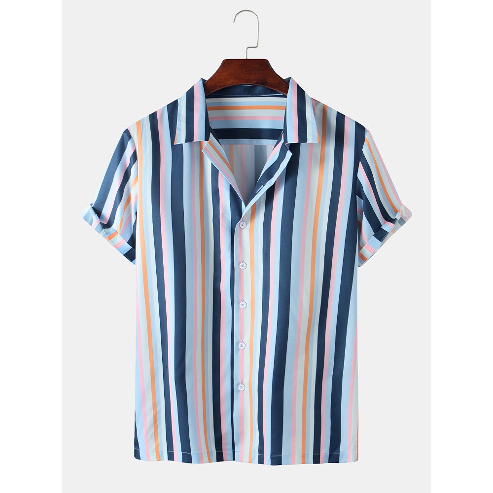 Mens Colorful Stripe Breathable Revere Collar Short Sleeve Casual Shirts - Blue M