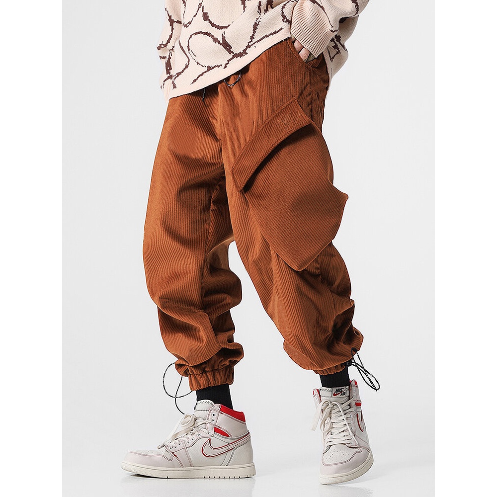Mens Solid Color Texture Large Patch Pocket Drawstring Jogger Pants - Brown XL