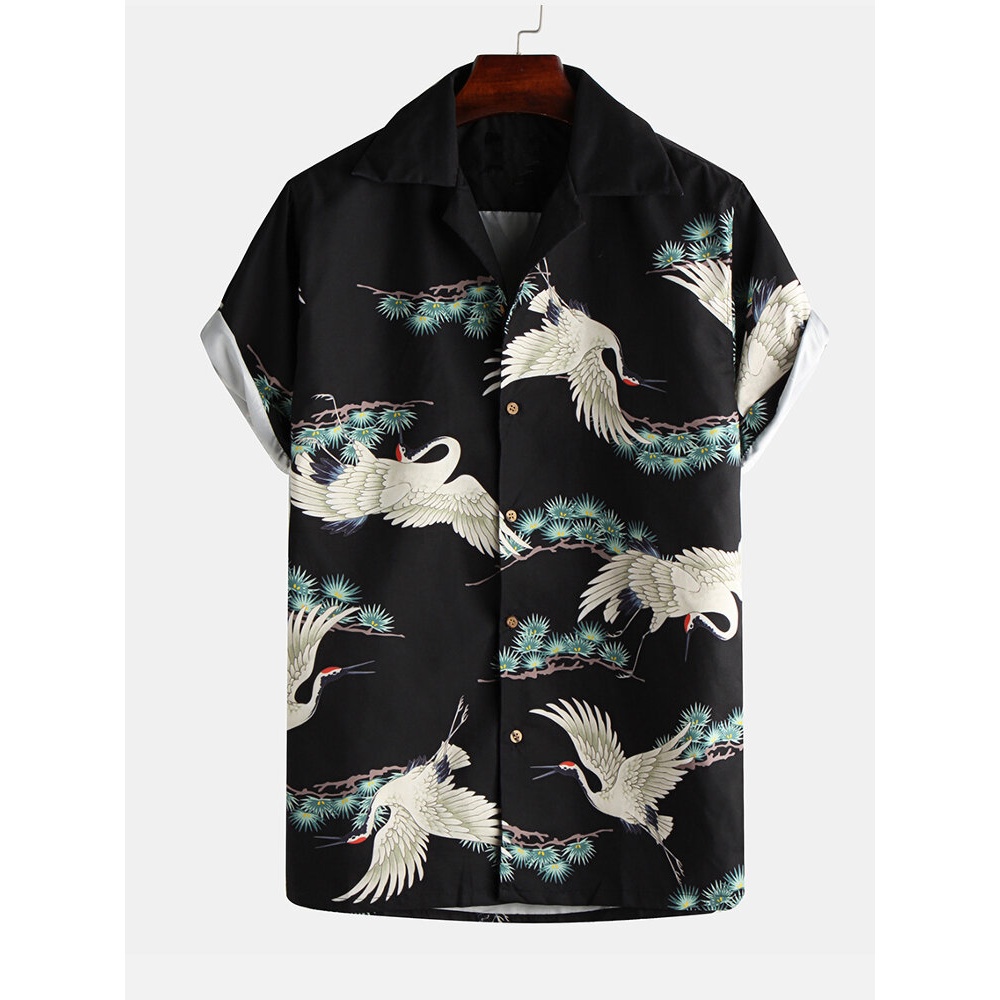 Men Hawaiian Holiday Red-crowned Crane Print Short Sleeve Beach Shirts - M Black