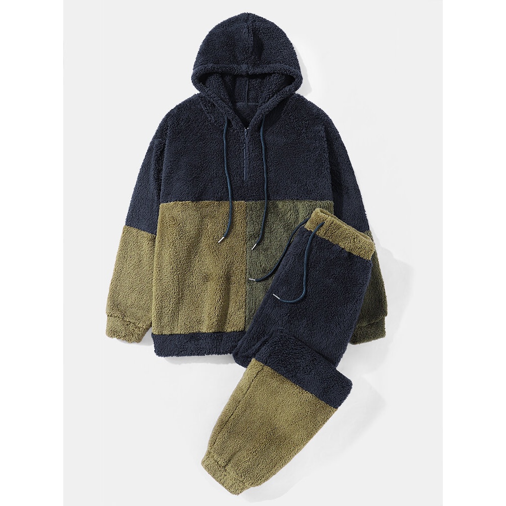 Men Fleece Patchwork Contrast Color Block Drawstring Hooded Two Piece Sets - Navy S