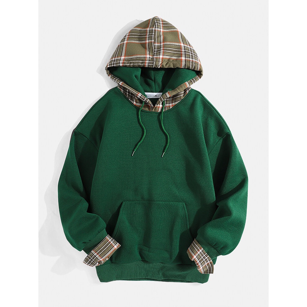 Mens Plaid Patchwork Simple Kangaroo Pocket Drawstring Hoodies - S Green