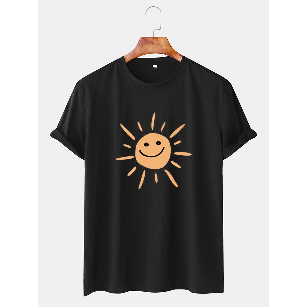 Mens Cartoon Sun Print Round Neck Casual Short Sleeve T-Shirts - White S