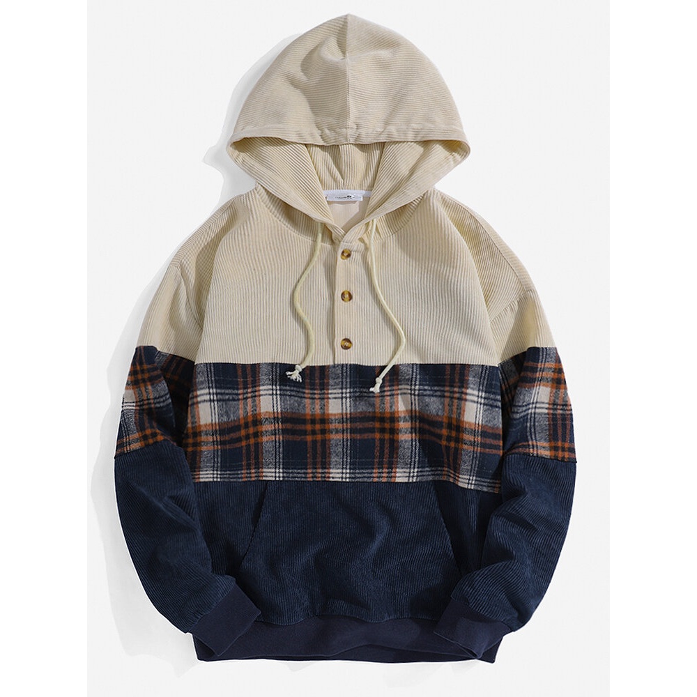 Mens Corduroy Patchwork Plaid Long Sleeve Casual Hoodies With Pocket - M Beige
