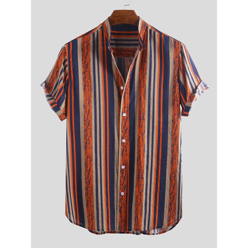 Men Vertical Stripe Short Sleeve Stand Collar Shirts - 2XL Yellow