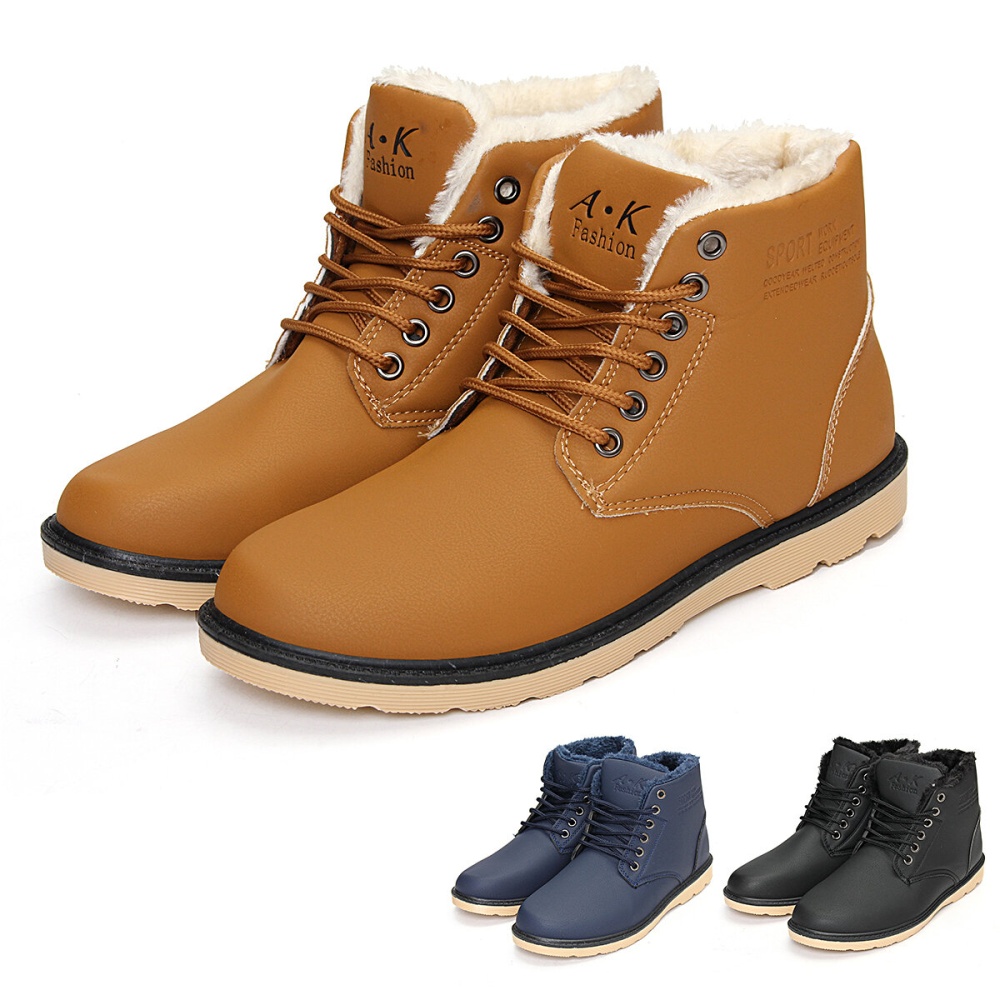 PU Leather Warm Plush Lining Lace Up Winter Ankle Boots Outdoor Hiking Camping Snow Boots For Men - Black 44