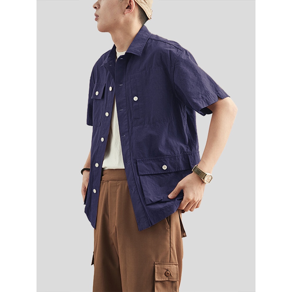 ChArmkpR Men Solid Color Multi Pockets Short Sleeve Cargo Shirts - M Navy