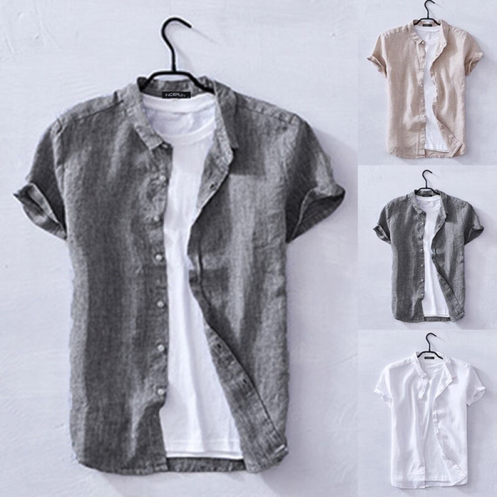 Men's Cotton Linen T-shirt Short Sleeve Casual Loose Fit Grandad Shirts Tops Tee - 4XL White