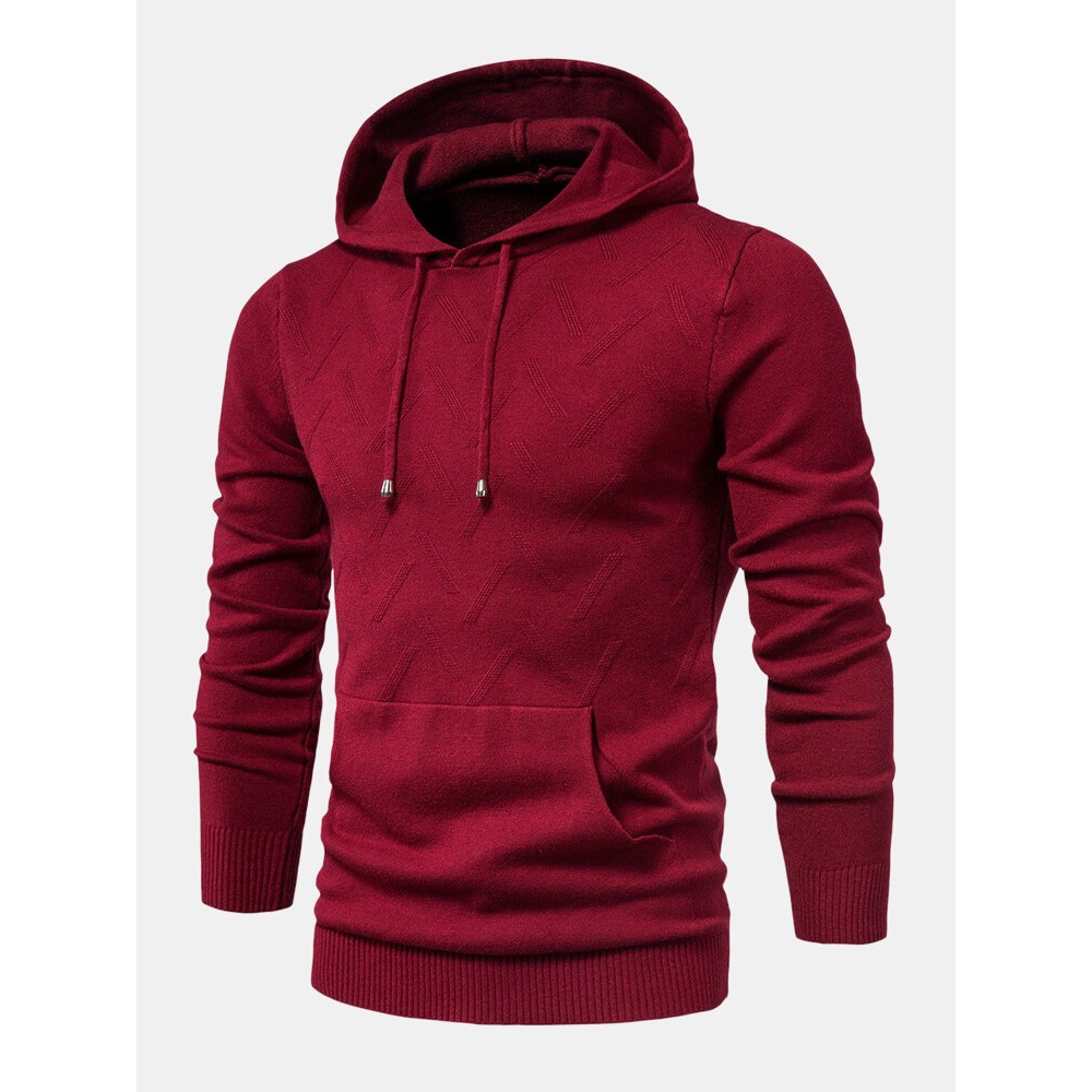 Mens Warm Simple Solid Color Knitted Hooded Sweaters With Pocket - Red L