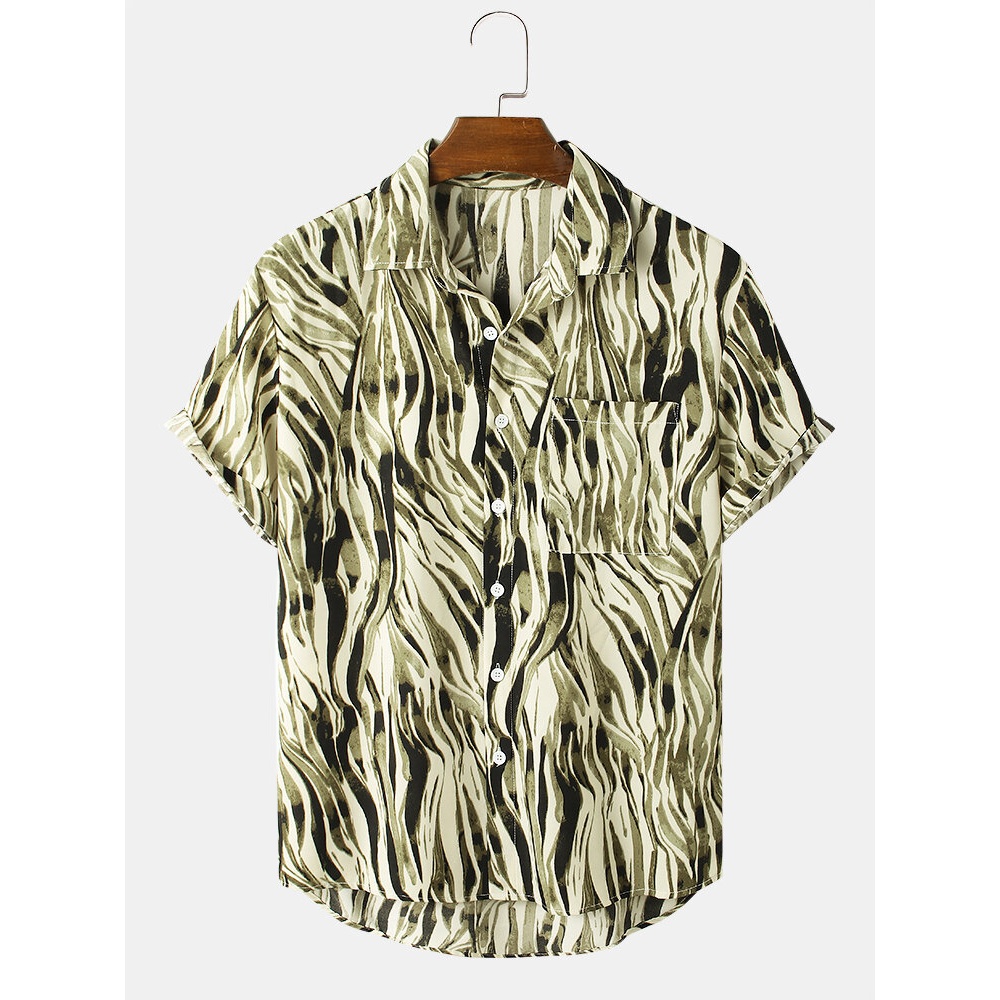 Mens Wave Stripe Pocket Lapel Short Sleeve Shirt - White S