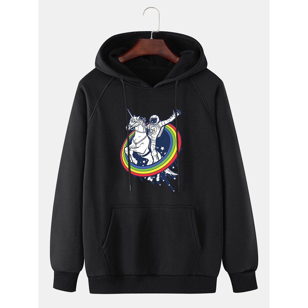 Mens 100% Cotton Funny Horse & Astronaut Print Raglan Sleeves Hoddies With Kangaroo Pocket - Black M