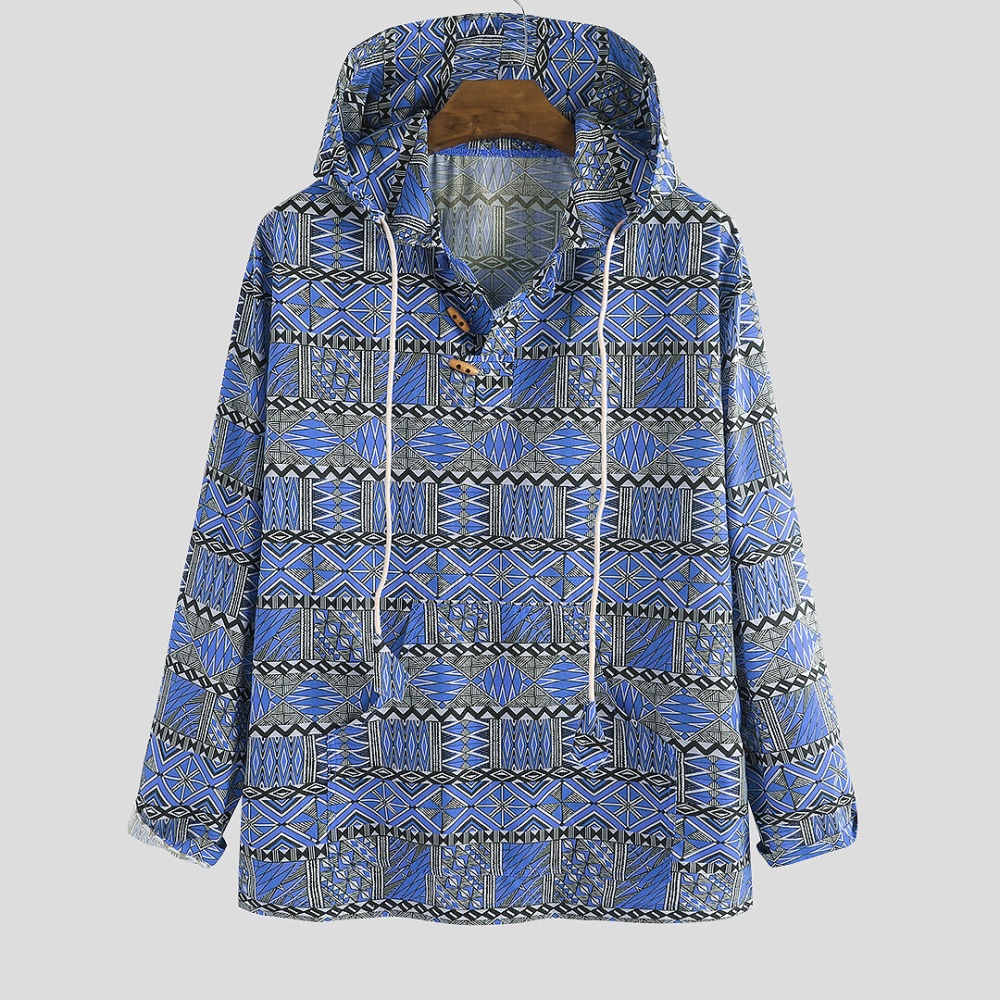 Mens Special Pattern Printed Insert Pocket Casual Hooded - M Grey - Image 2