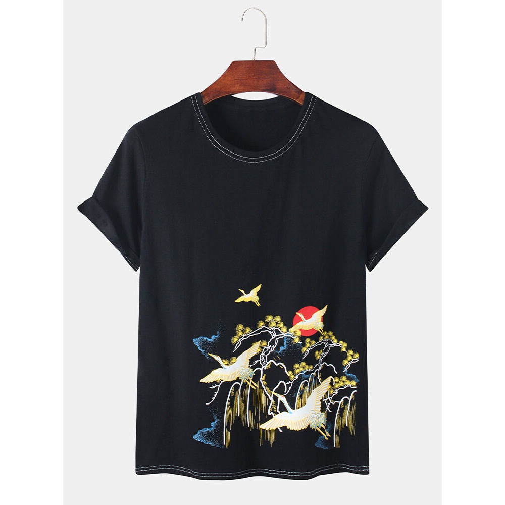 Mens Oriental Crane Flying Embroidery Crew Neck Short Sleeve Casual T-Shirts - White L