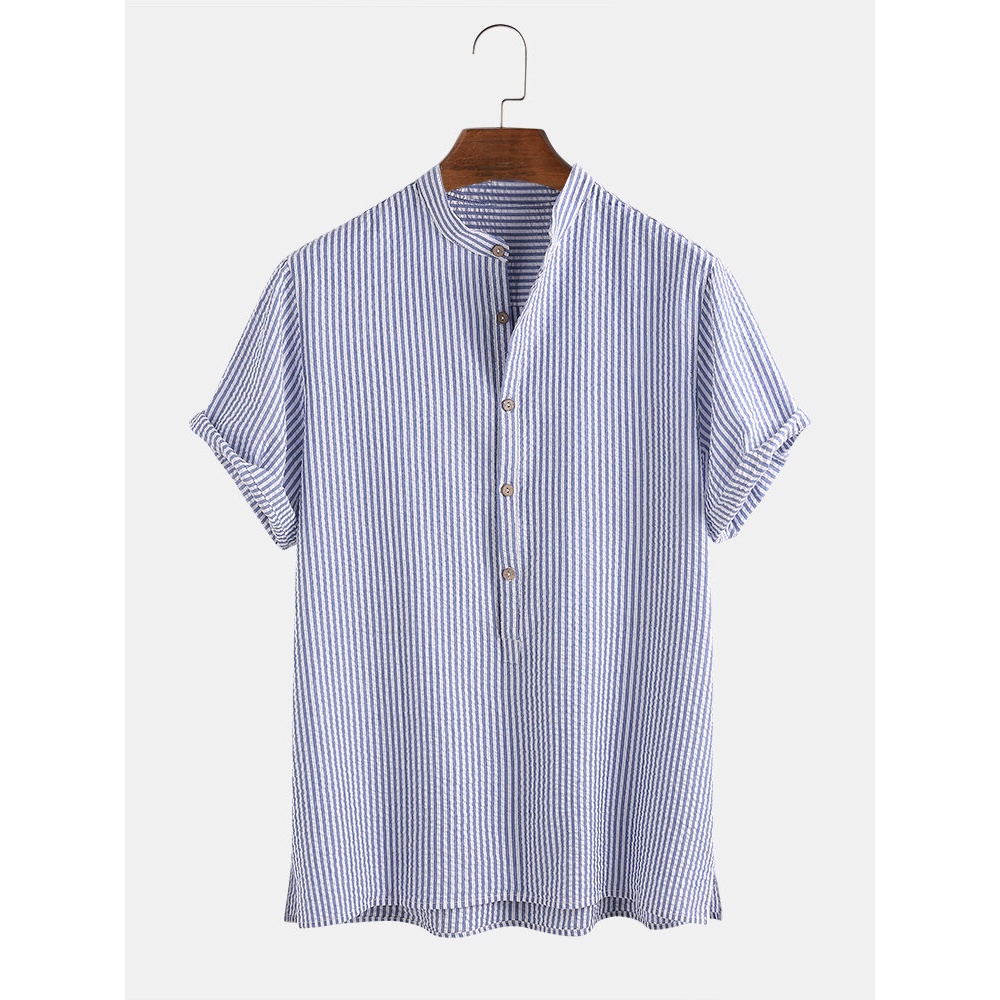 Mens Casual Cotton Striped Print Leisure Loose Collar Short Sleeve Henley Shirts - Green M