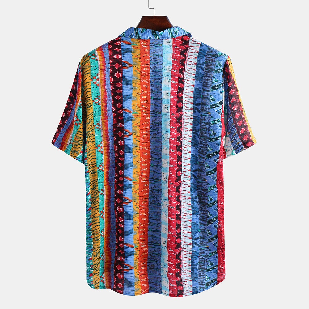 Men Colorful Art Stripe Short Sleeve Hawaiian Shirts - XL Blue - Image 2