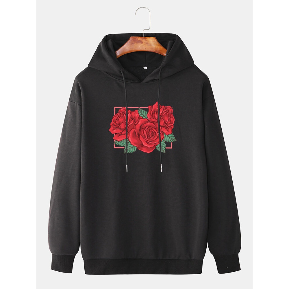Mens Rose Graphic Printed Drop Sleeve Casual Drawstring Hoodies - Black S