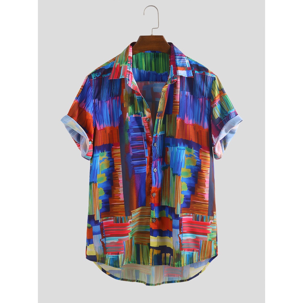 Mens Fashion Abstrct Painting Printed Loose Comfy Casual Shirts - 3XL Yellow