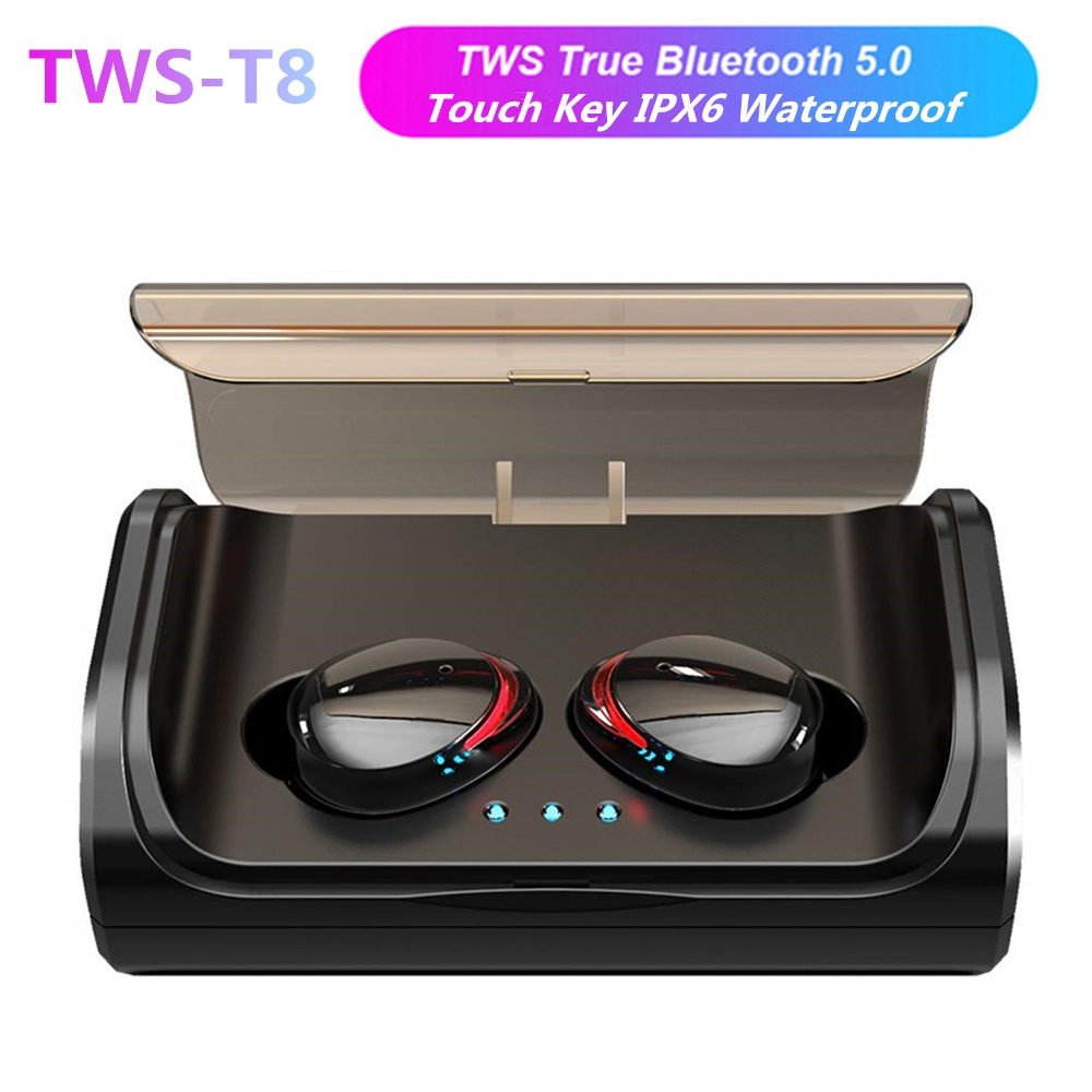 TWS-T8 Bluetooth 5.0 Sport Headset Wireless Earphones IPX7 Waterproof HIFI Stereo for Smartphone black