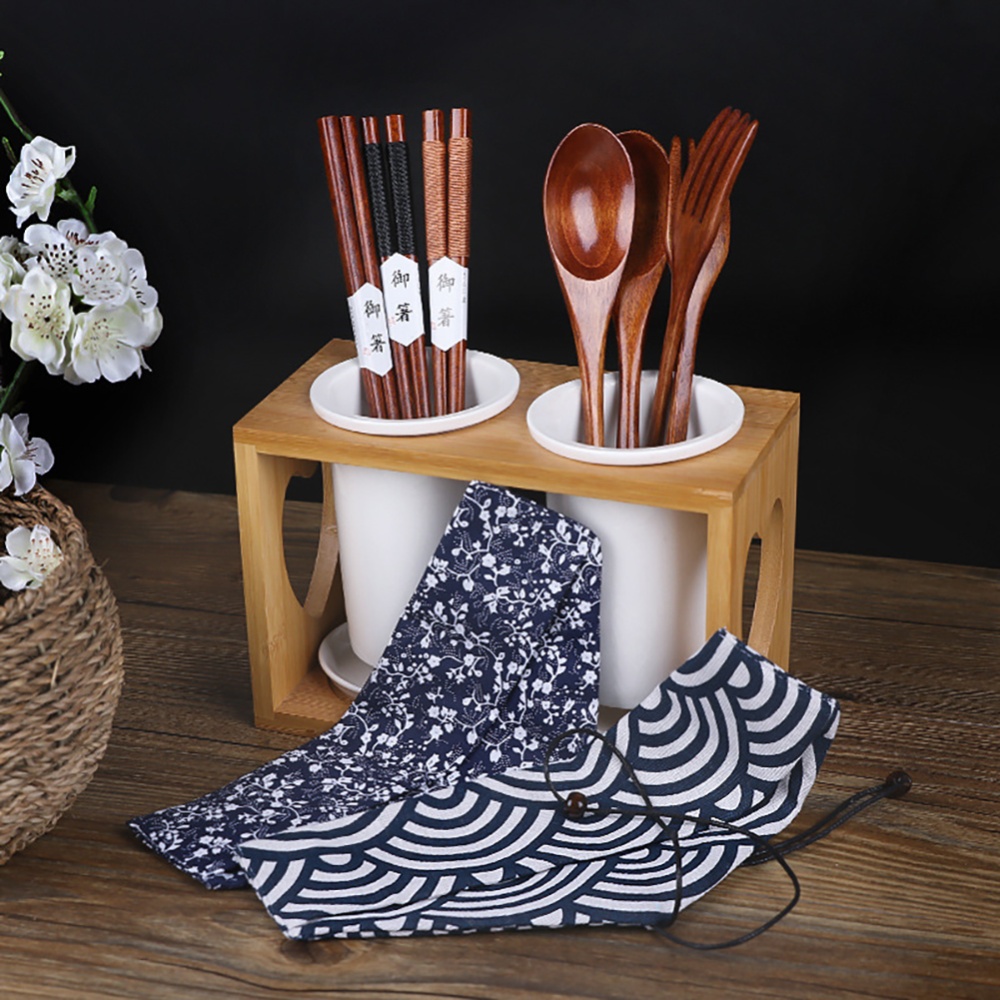 Wooden Tableware Cutlery Set Travel Including Long Handle Spoon Fork Chopsticks with Cloth Bag - Image 2