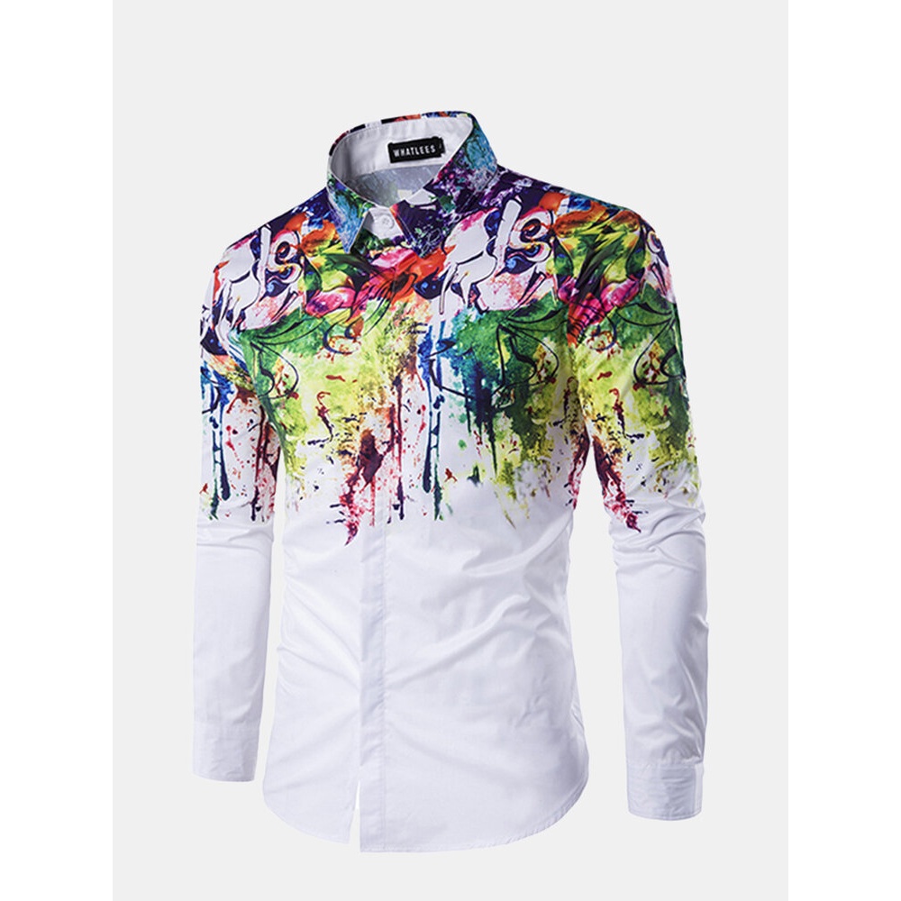 Flowers Splash-ink Splashed Paint Printing Lapel Long-sleeved Men Shirt - XS White