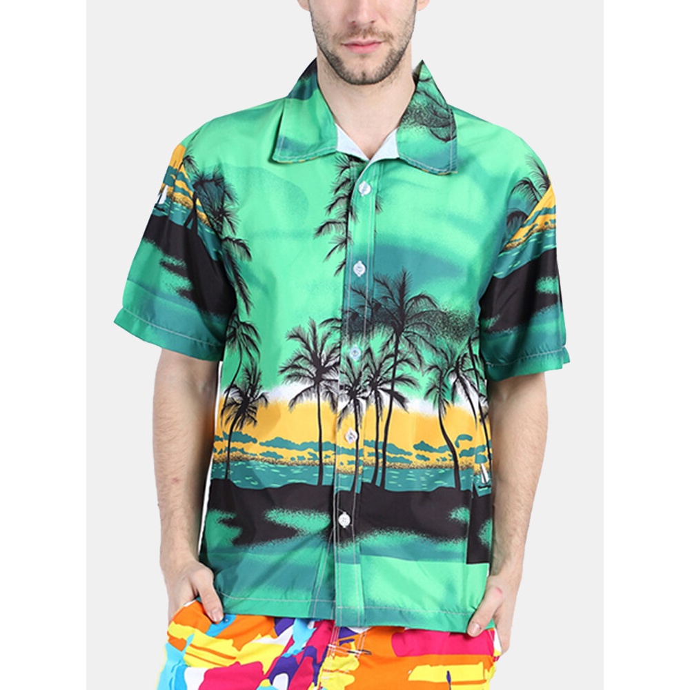 Beach Holiday Breathable Quick Drying Coconut Tree Printing Loose Lounge Short-sleeved Men Shirts - S Green