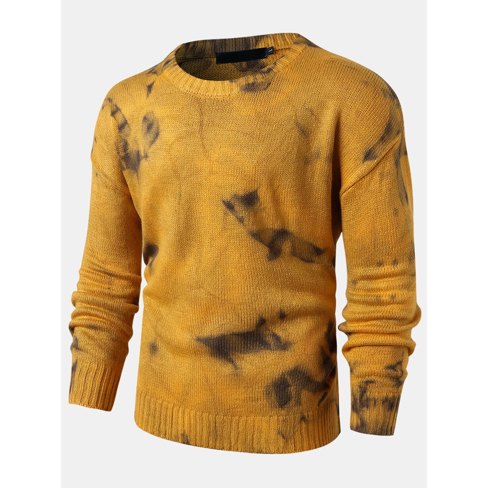 Mens Tie Dye Print Knit Rib Round Neck Relaxed Fit Sweaters - Yellow M