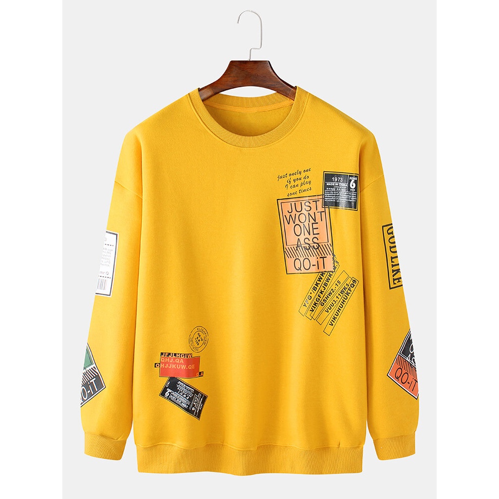 Mens Label Print Pullover Round Neck Long Sleeve Cotton Sweatshirts - White L