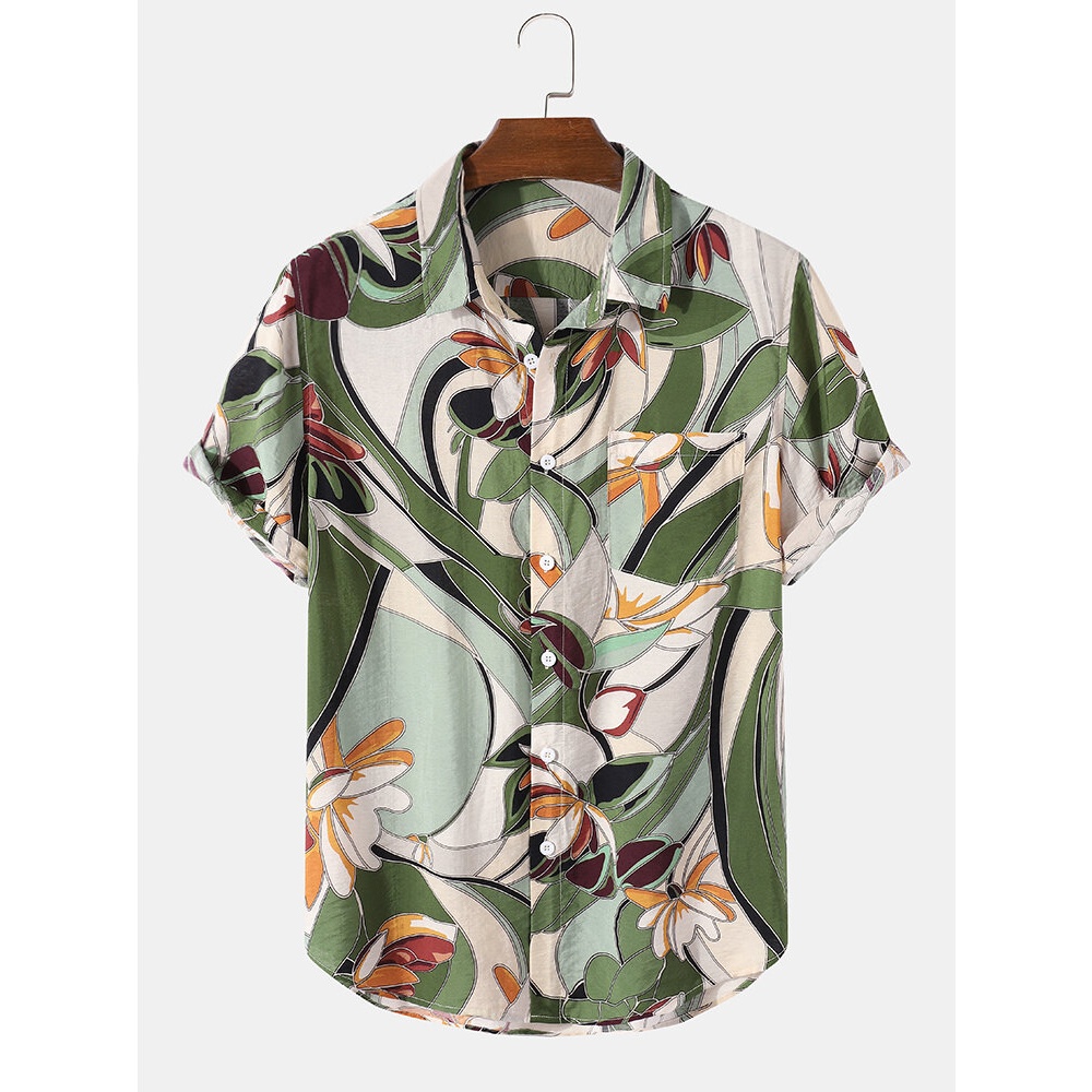 Mens Plants Floral Holiday Print Lapel Short Sleeve Casual Shirts - Green S